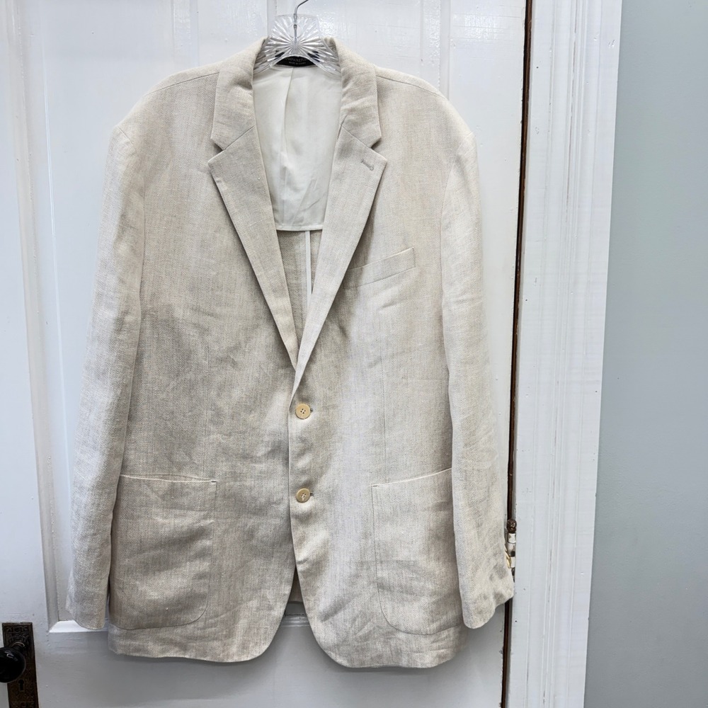 Banana Republic 46R Tailored Slim Fit 100% Linen Herringbone Blazer Cream Jacket